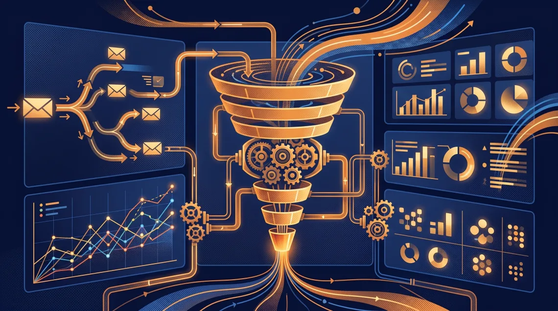 Marketing automation command center linking email journeys, lead scoring, and campaign reporting